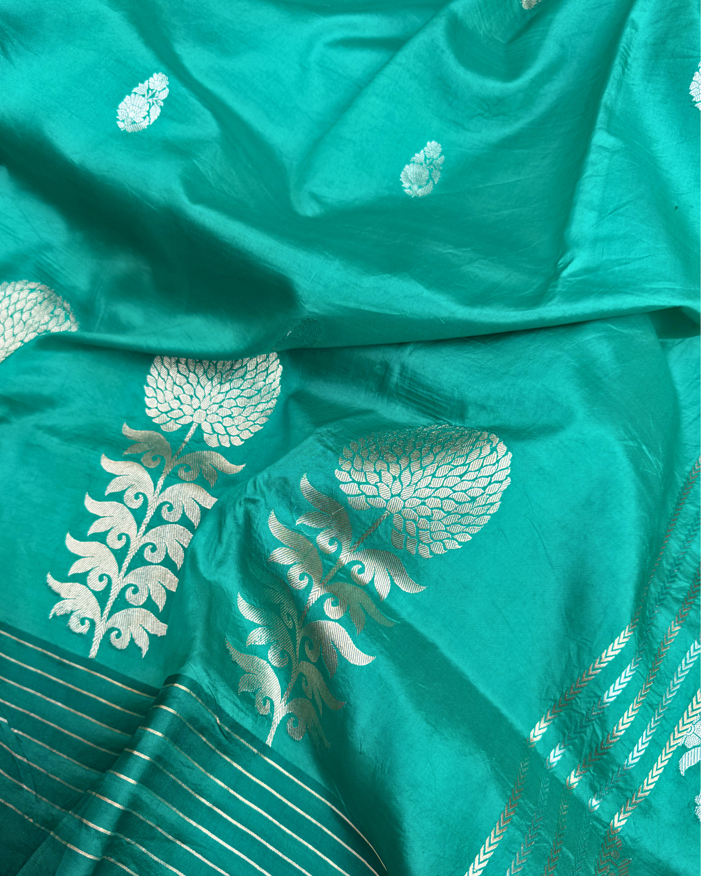 Sea Green Pure Banarasi Mulberry Mango Soft Silk Saree