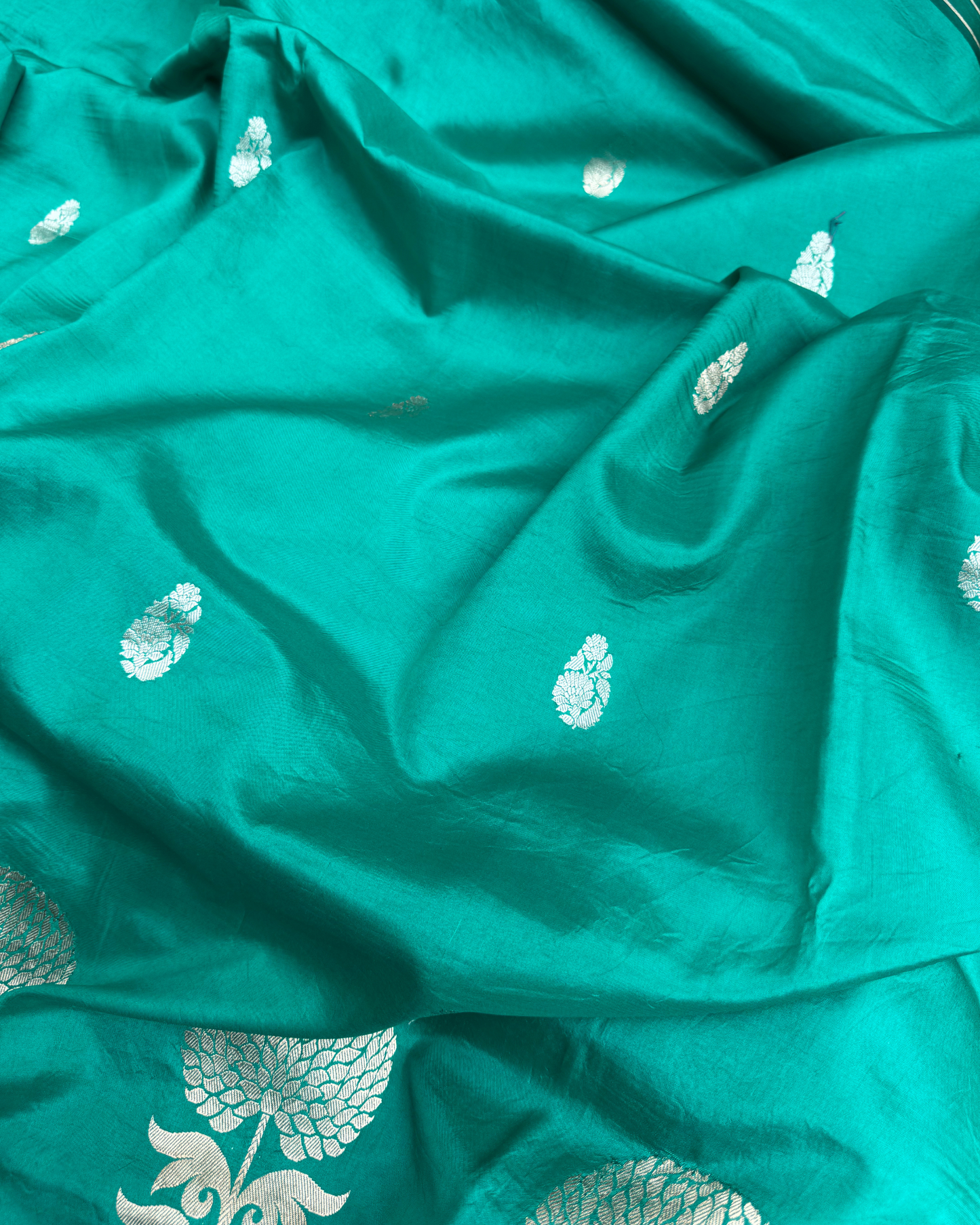 Sea Green Pure Banarasi Mulberry Mango Soft Silk Saree