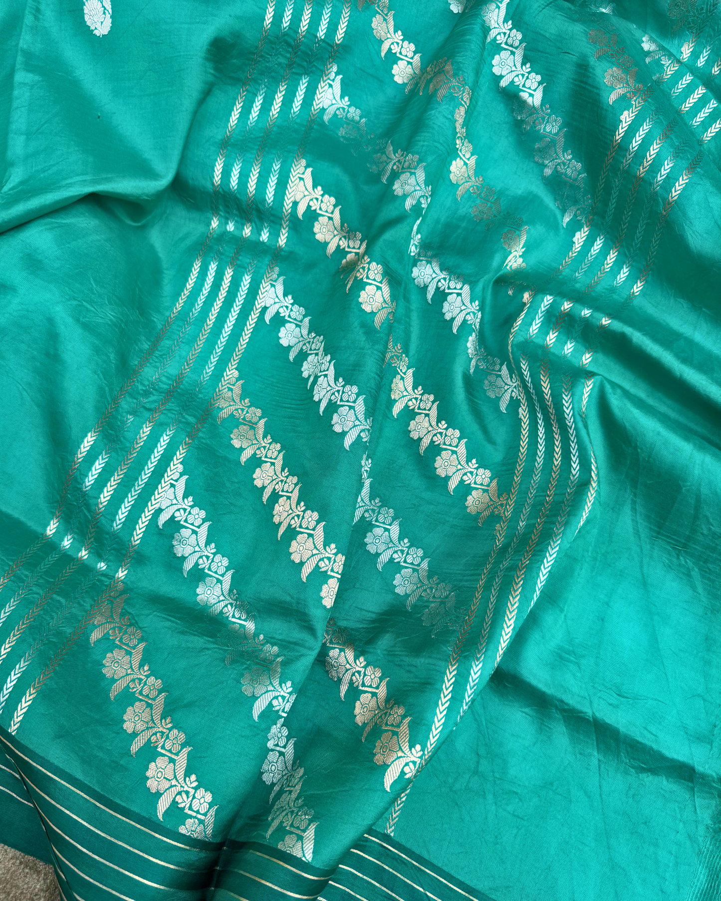 Sea Green Pure Banarasi Mulberry Mango Soft Silk Saree