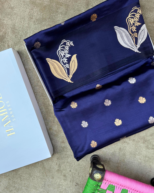Navy Blue Pure Banarasi Mulberry Soft Silk Saree