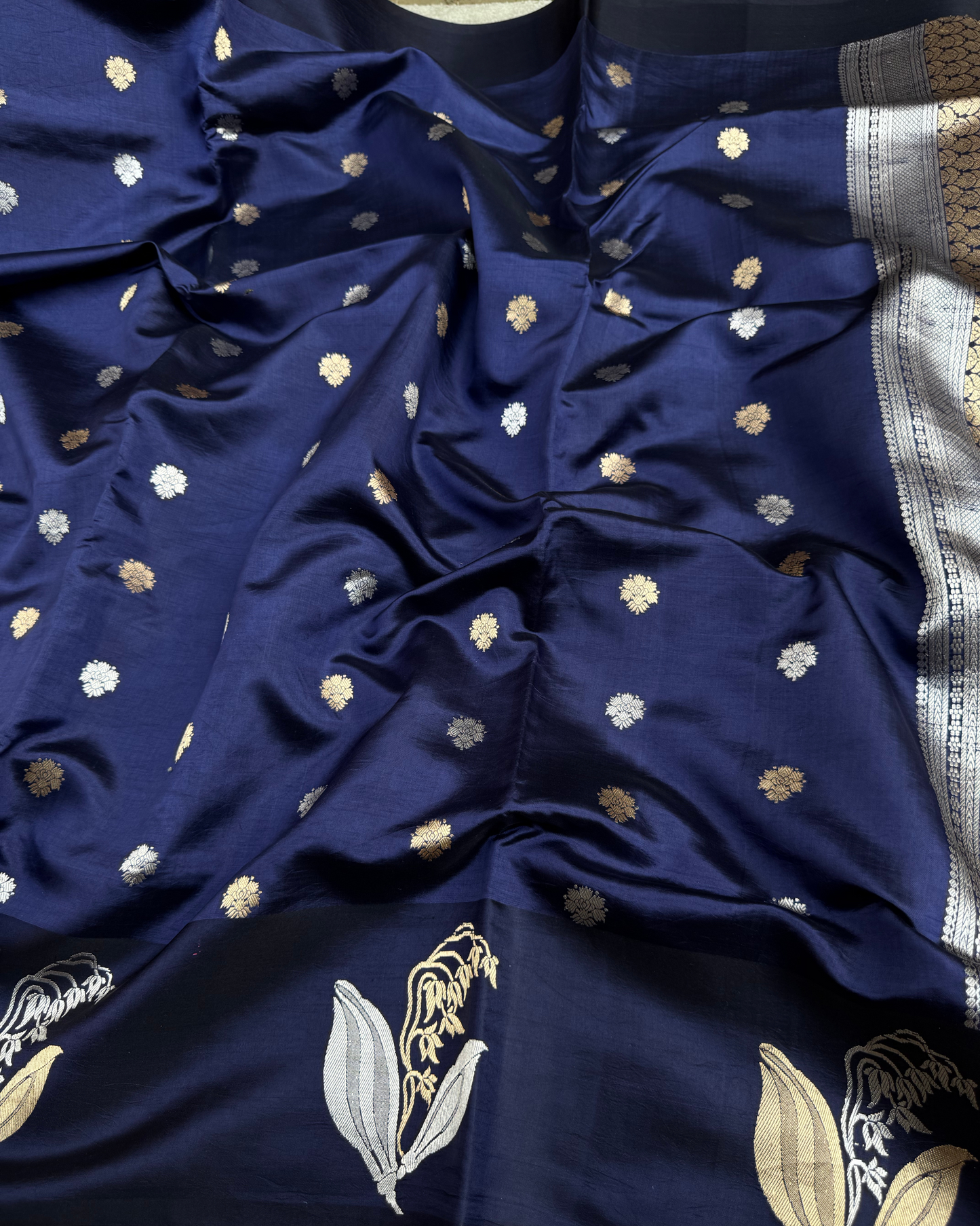 Navy Blue Pure Banarasi Mulberry Mango Soft Silk Saree