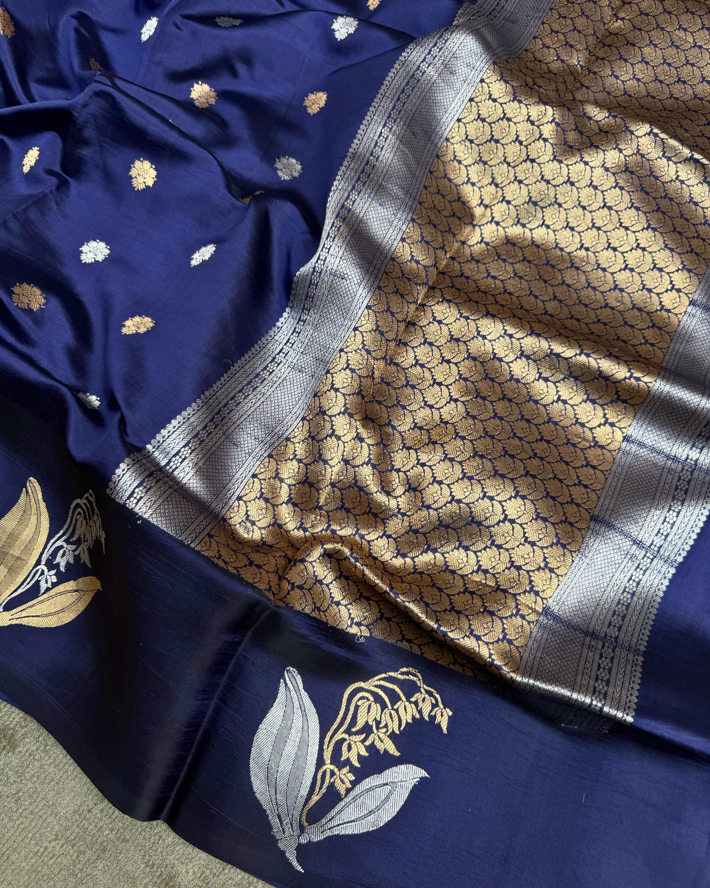 Navy Blue Pure Banarasi Mulberry Mango Soft Silk Saree