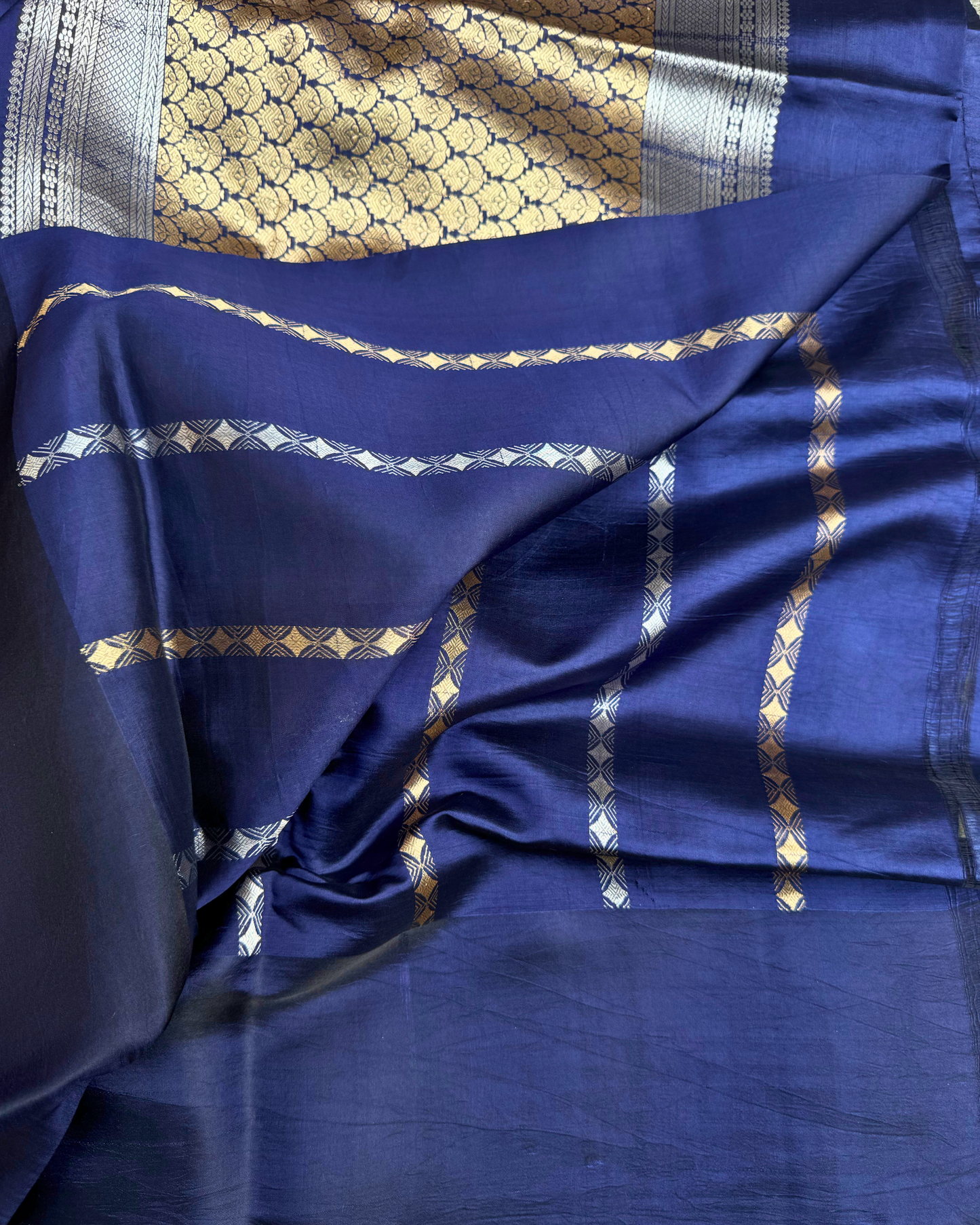 Navy Blue Pure Banarasi Mulberry Mango Soft Silk Saree