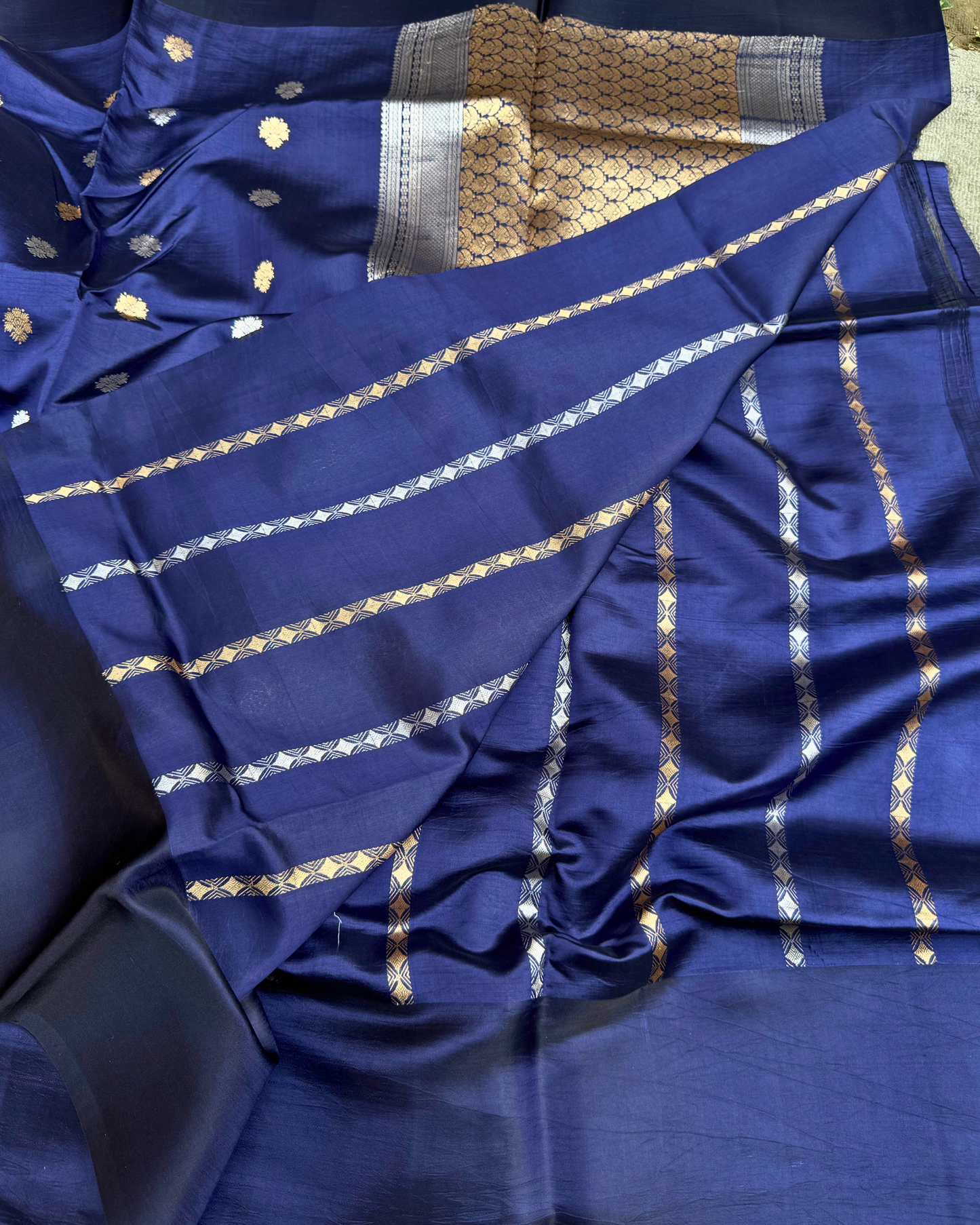 Navy Blue Pure Banarasi Mulberry Mango Soft Silk Saree