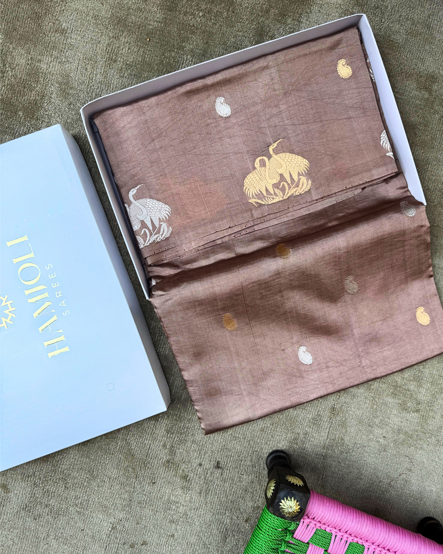 Mouse Brown Pure Banarasi Mulberry Mango Soft Silk Saree