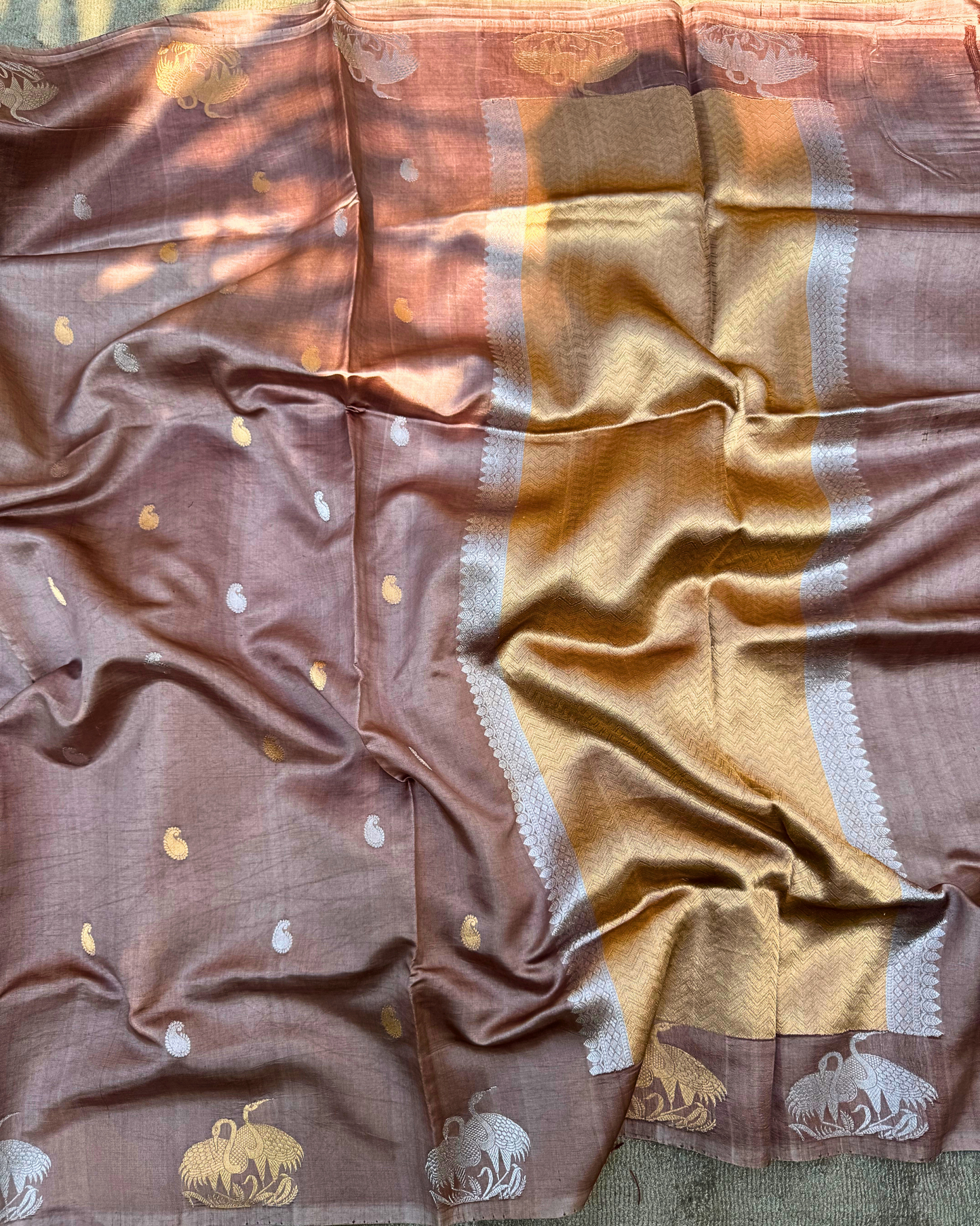 Mouse Brown Pure Banarasi Mulberry Mango Soft Silk Saree