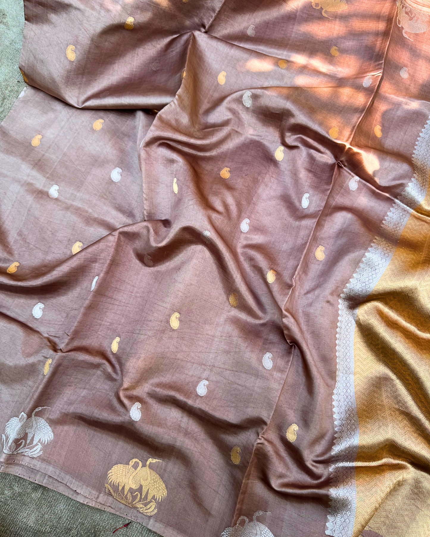 Mouse Brown Pure Banarasi Mulberry Mango Soft Silk Saree