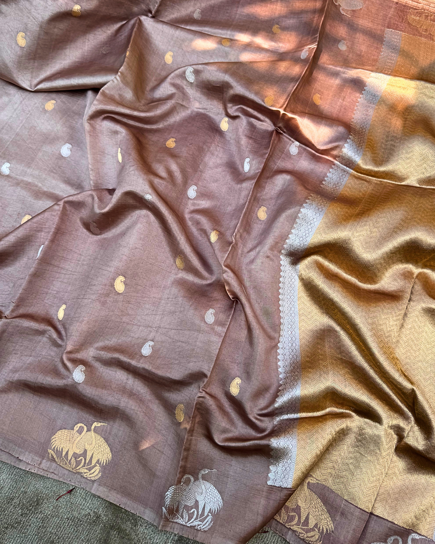 Mouse Brown Pure Banarasi Mulberry Mango Soft Silk Saree