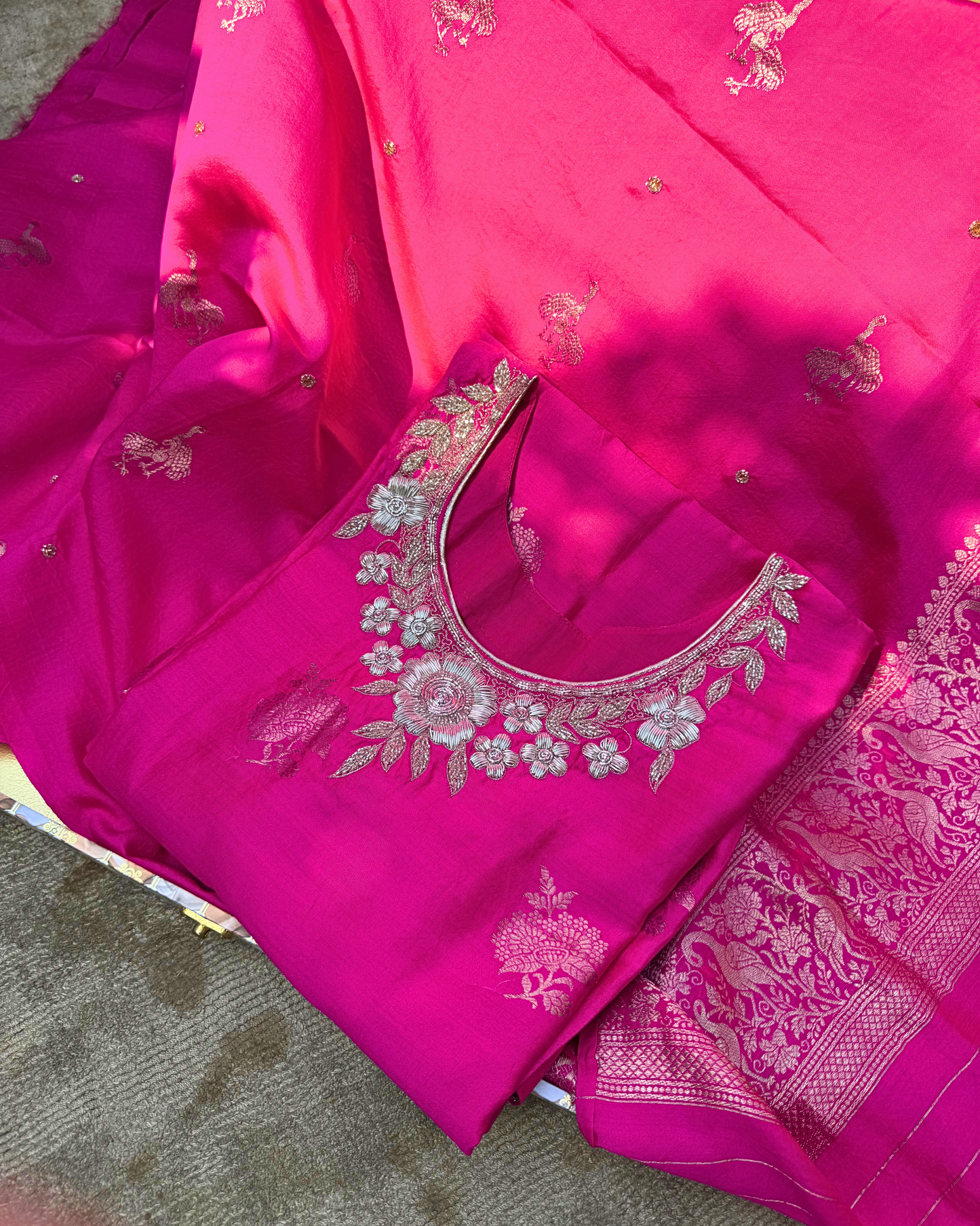 Pink Pure Silk Hand-Embroidered Suit Set with Handwoven Dupatta