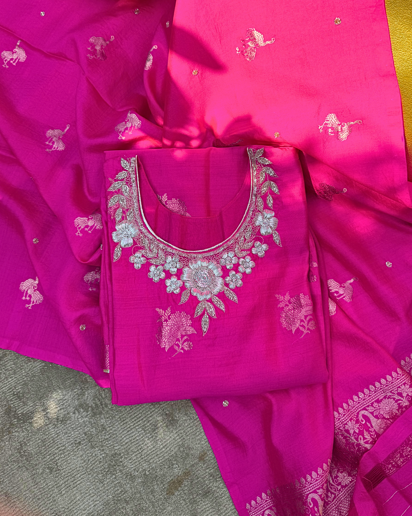 Pink Pure Silk Hand-Embroidered Suit Set with Handwoven Dupatta