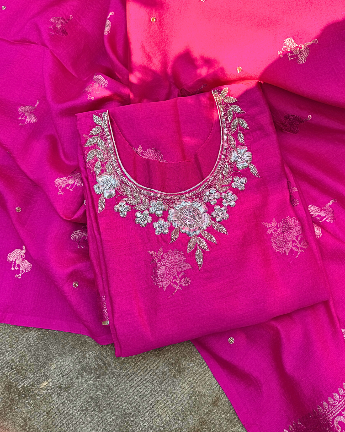 Pink Pure Silk Hand-Embroidered Suit Set with Handwoven Dupatta
