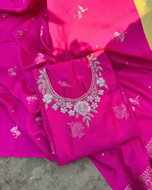 Pink Pure Silk Hand-Embroidered Suit Set with Handwoven Dupatta