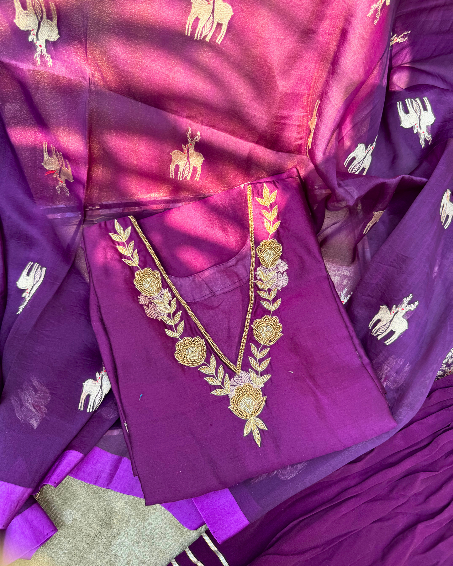 Purple Pure Silk Hand-Embroidered Suit Set with Handwoven Dupatta