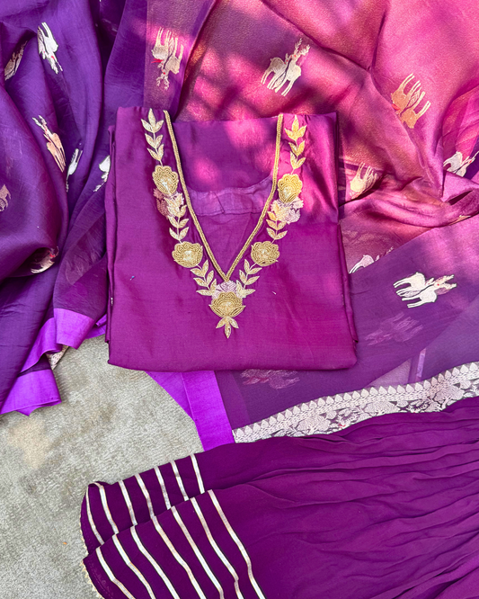 Purple Pure Silk Hand-Embroidered Suit Set with Handwoven Dupatta