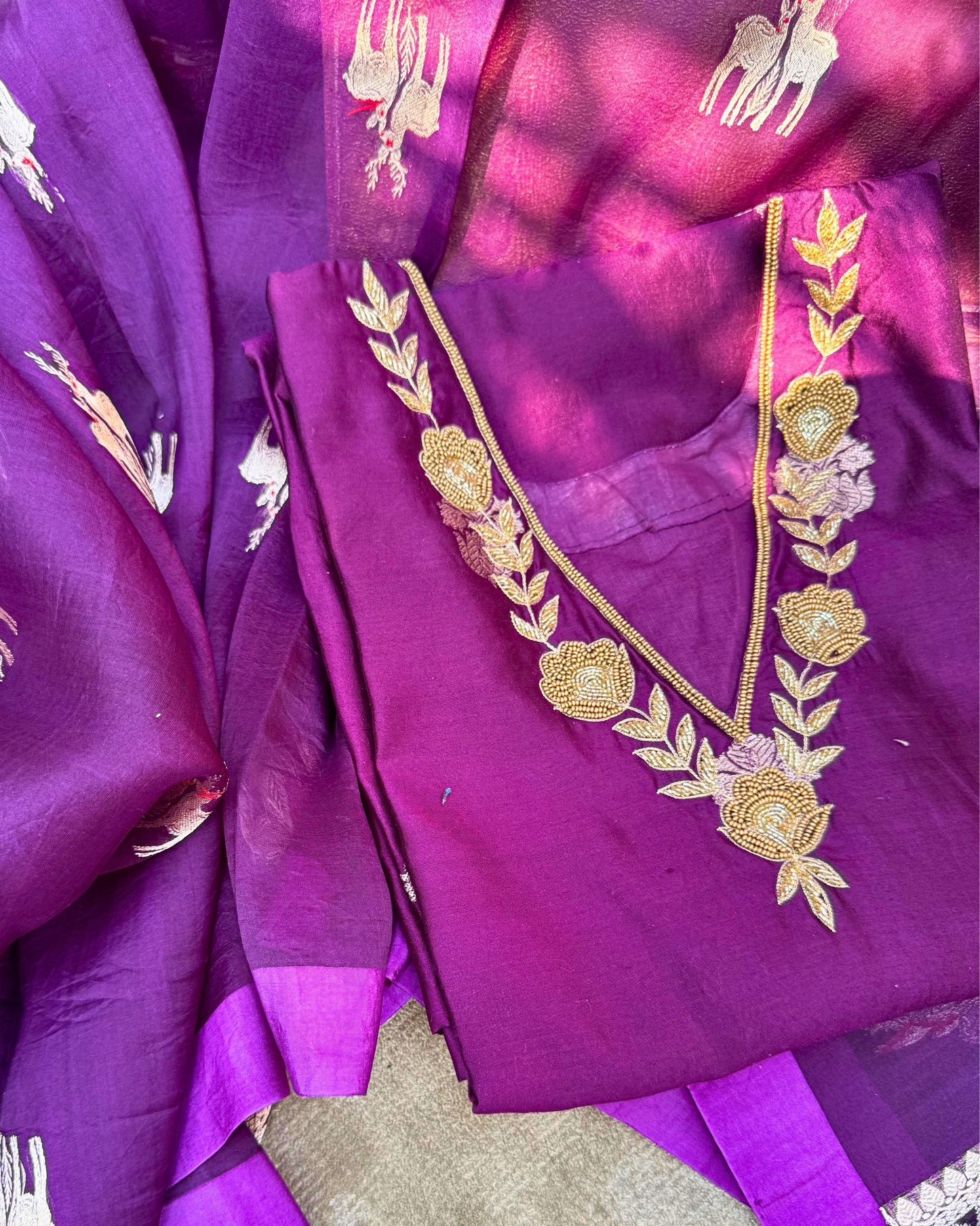 Purple Pure Silk Hand-Embroidered Suit Set with Handwoven Dupatta