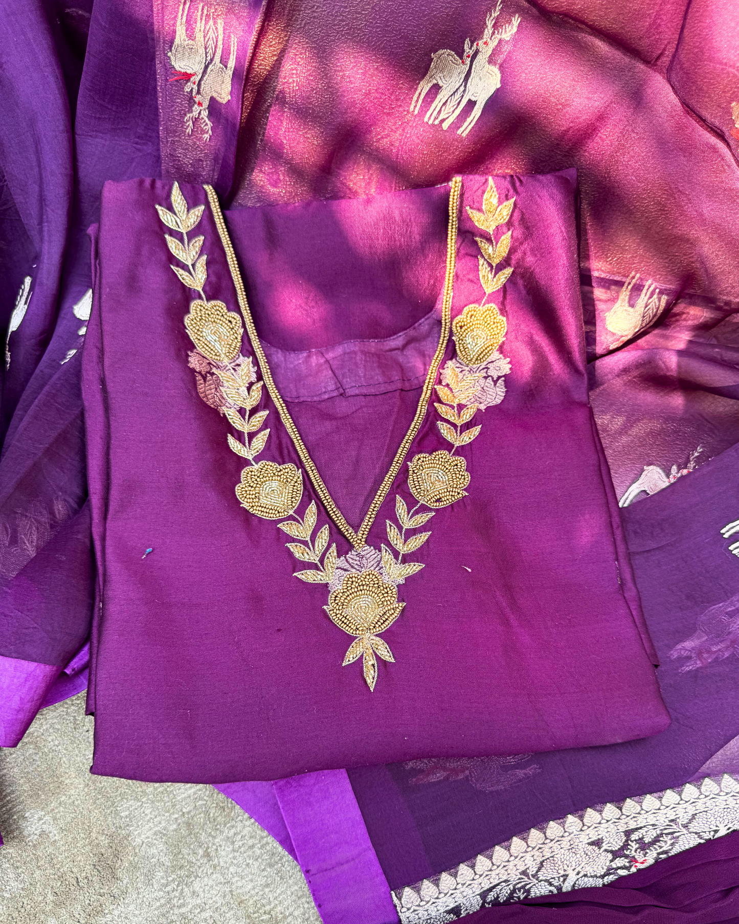 Purple Pure Silk Hand-Embroidered Suit Set with Handwoven Dupatta