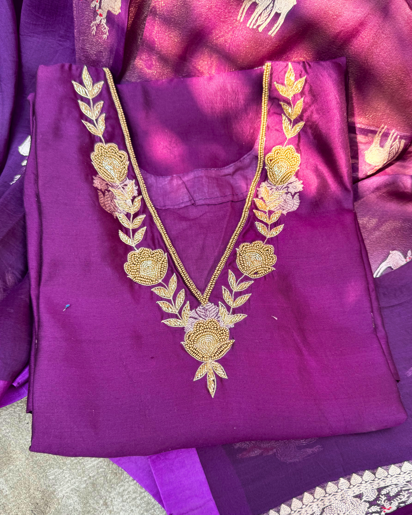 Purple Pure Silk Hand-Embroidered Suit Set with Handwoven Dupatta