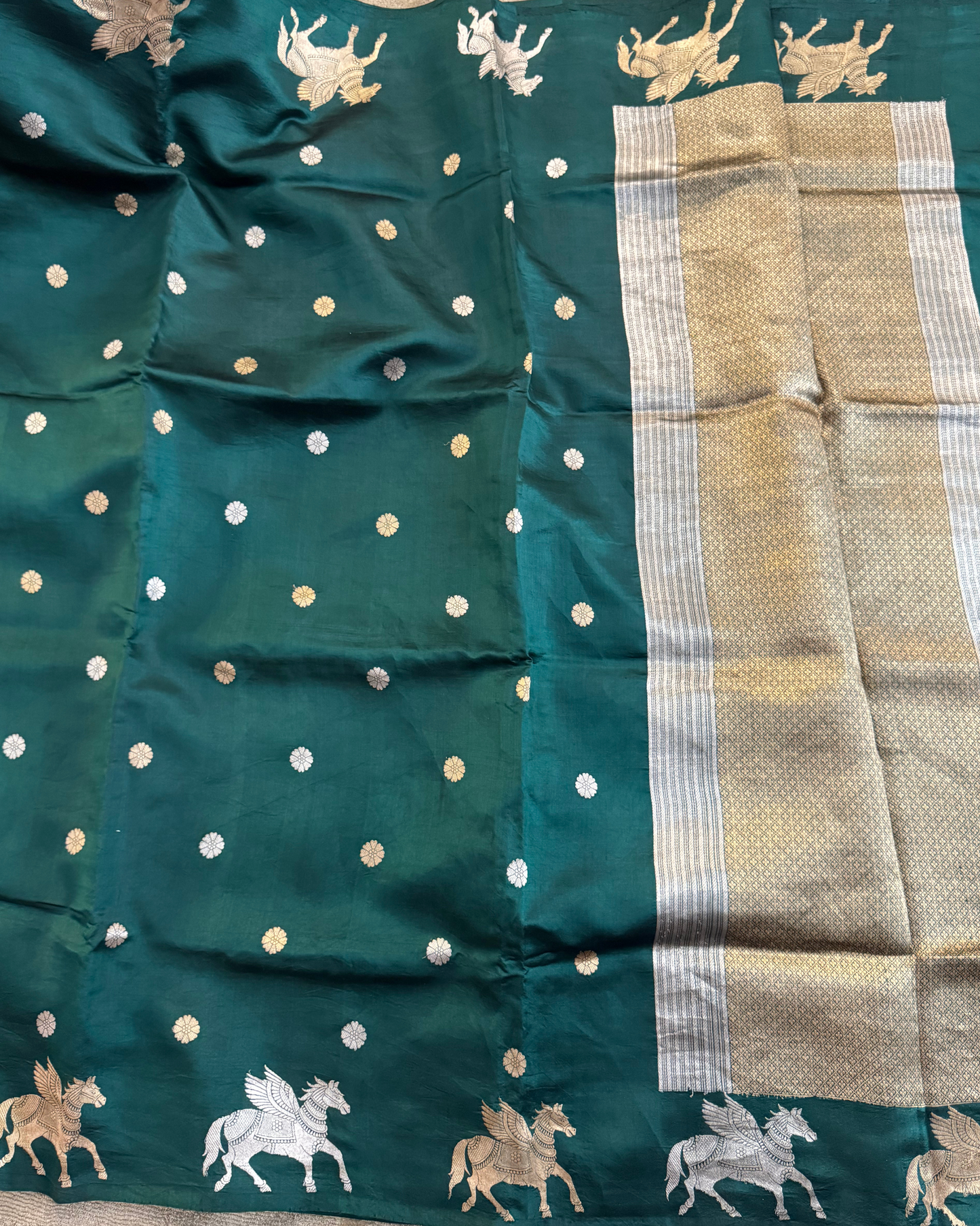Dark Green Pure Banarasi Mulberry Soft Silk Saree