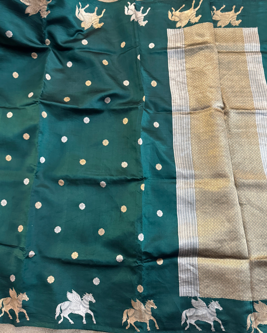 Dark Green Pure Banarasi Mulberry Soft Silk Saree