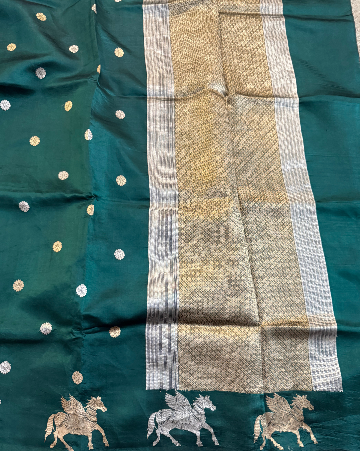 Dark Green Pure Banarasi Mulberry Soft Silk Saree