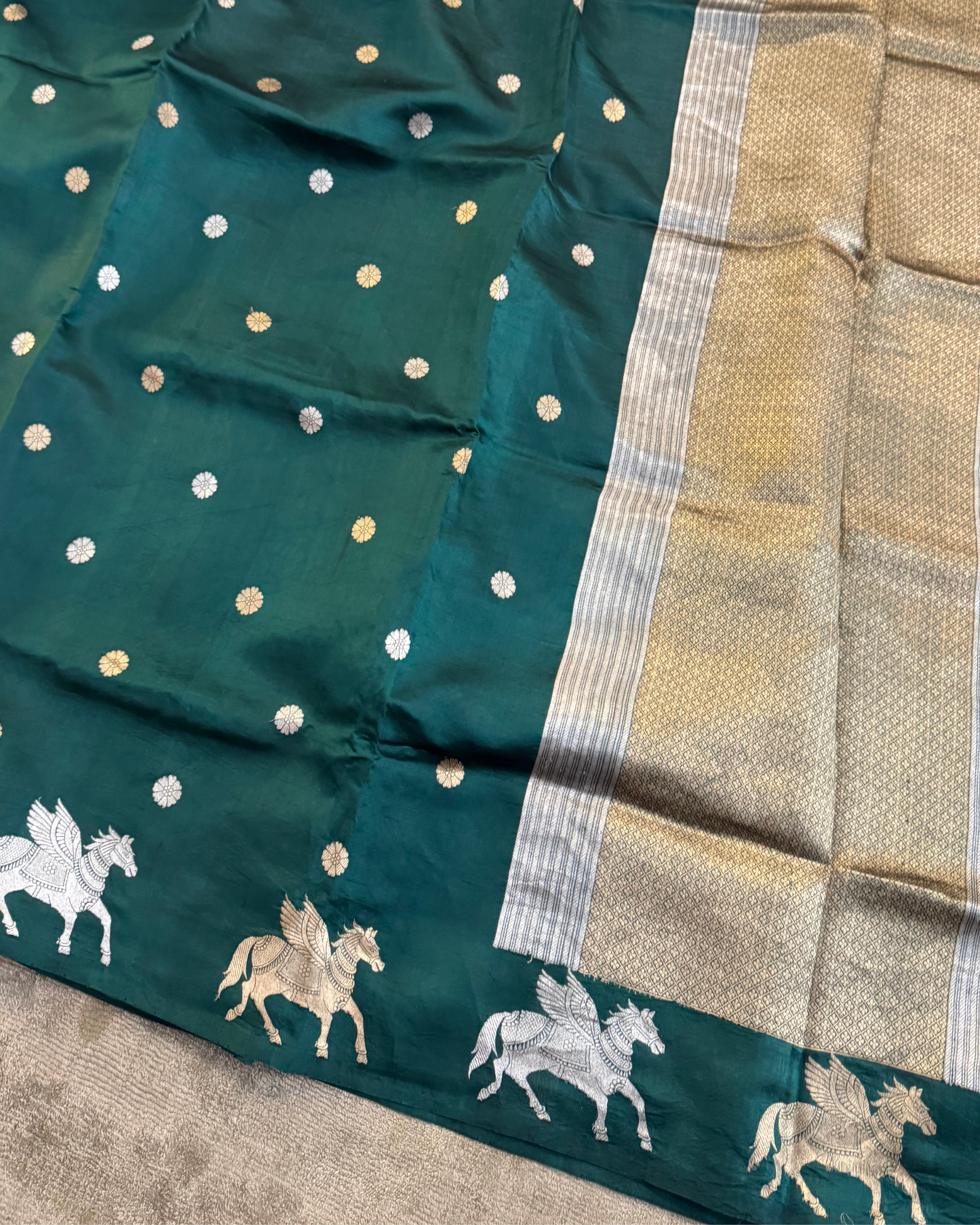 Dark Green Pure Banarasi Mulberry Soft Silk Saree