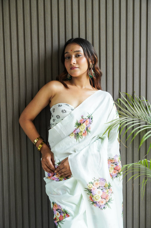 Blue Silk Saree with Digital Print