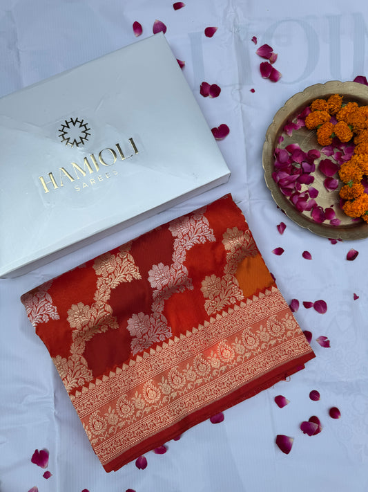 Surya Rangini Pure Katan Silk Saree – Kadwa Banarasi Saree in Morning Sun Colour