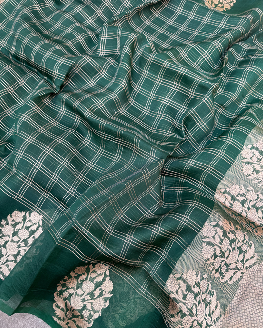 Dark Green Pure Banarasi Kora Silk Saree