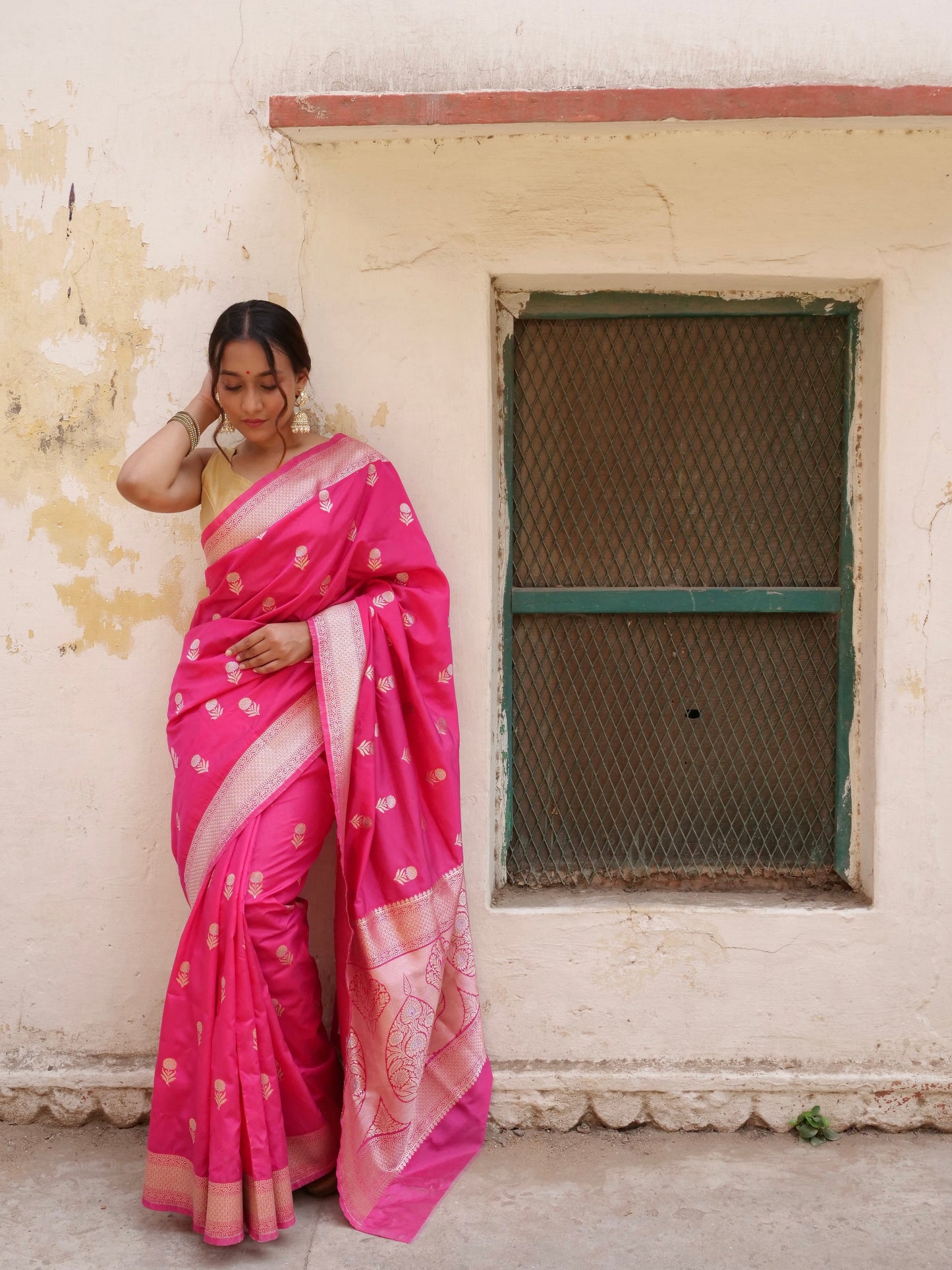Pink Banarasi Silk Saree with Golden Boota