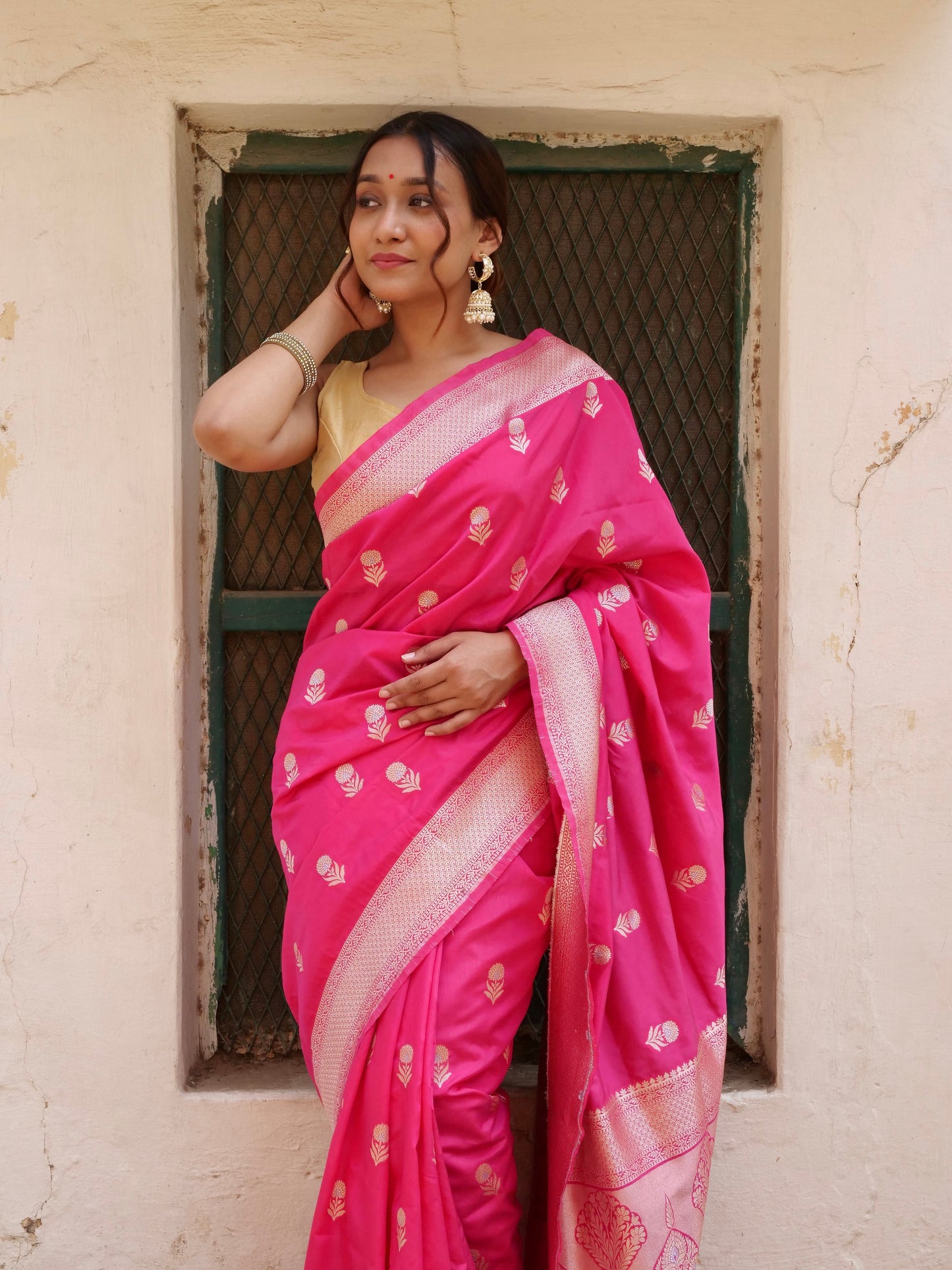 Pink Banarasi Silk Saree with Golden Boota