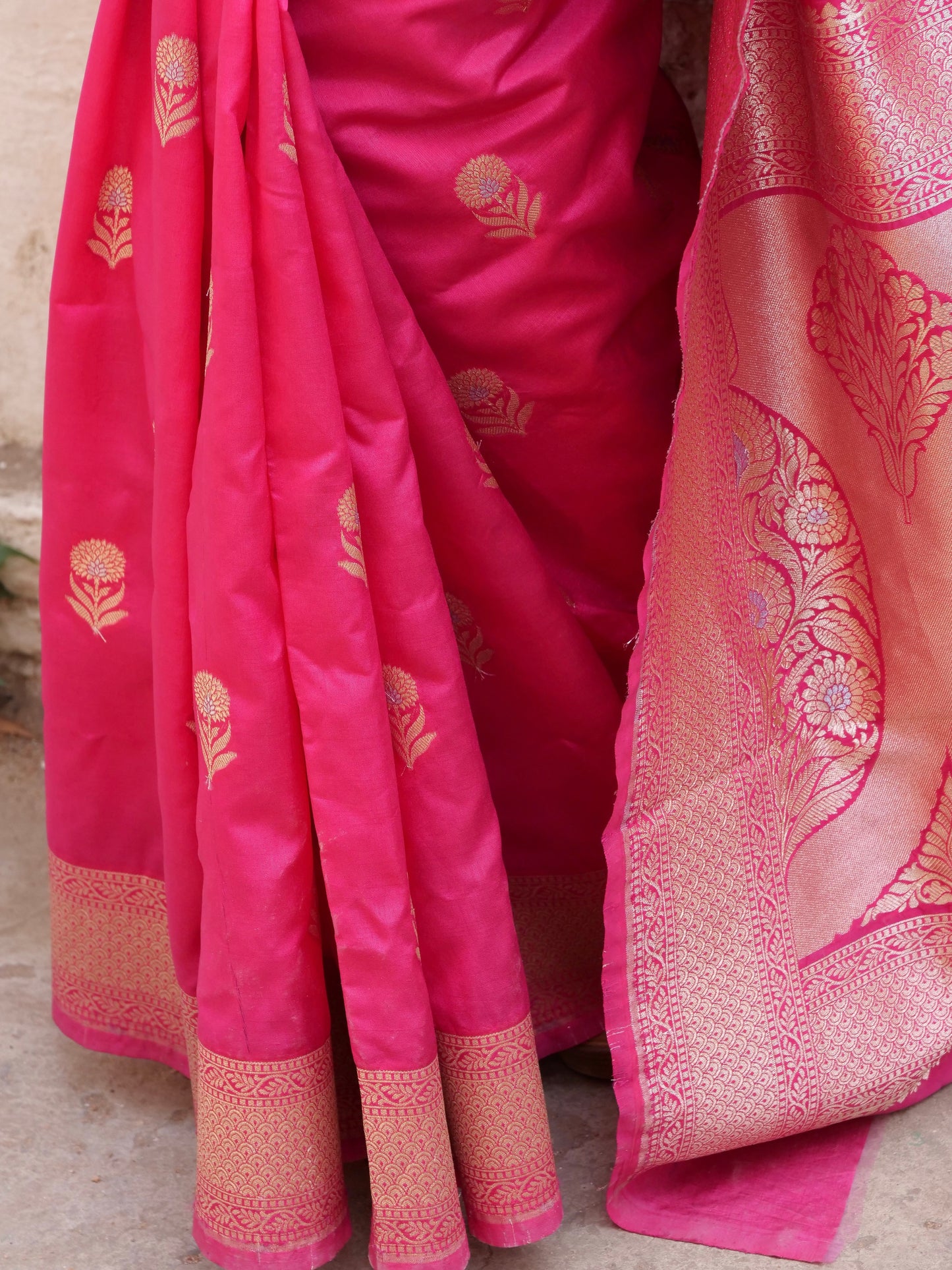 Pink Banarasi Silk Saree with Golden Boota