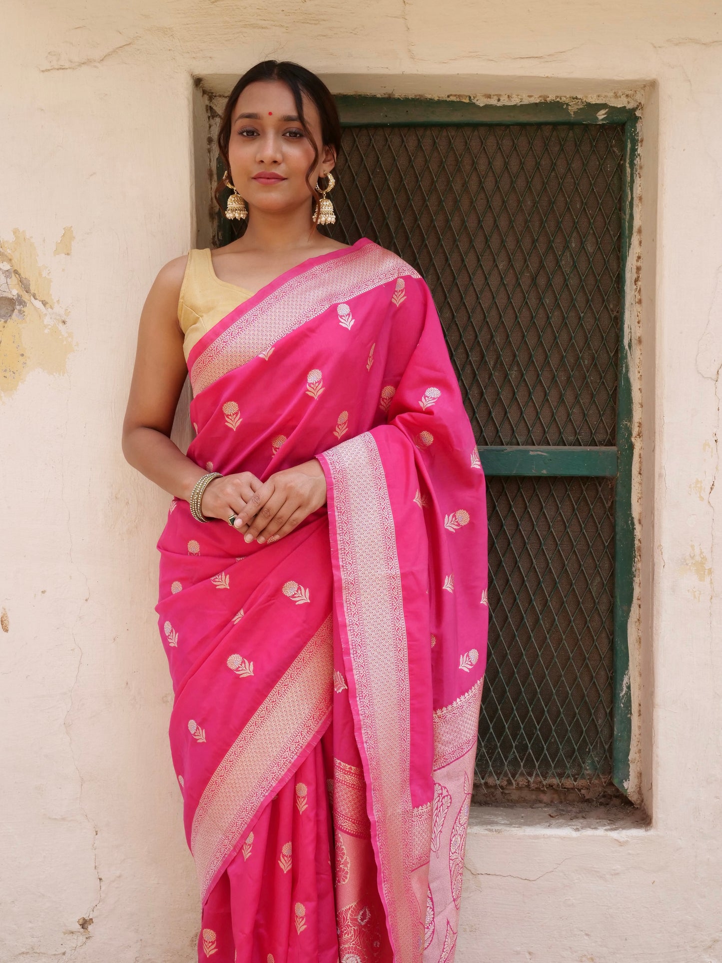 Pink Banarasi Silk Saree with Golden Boota