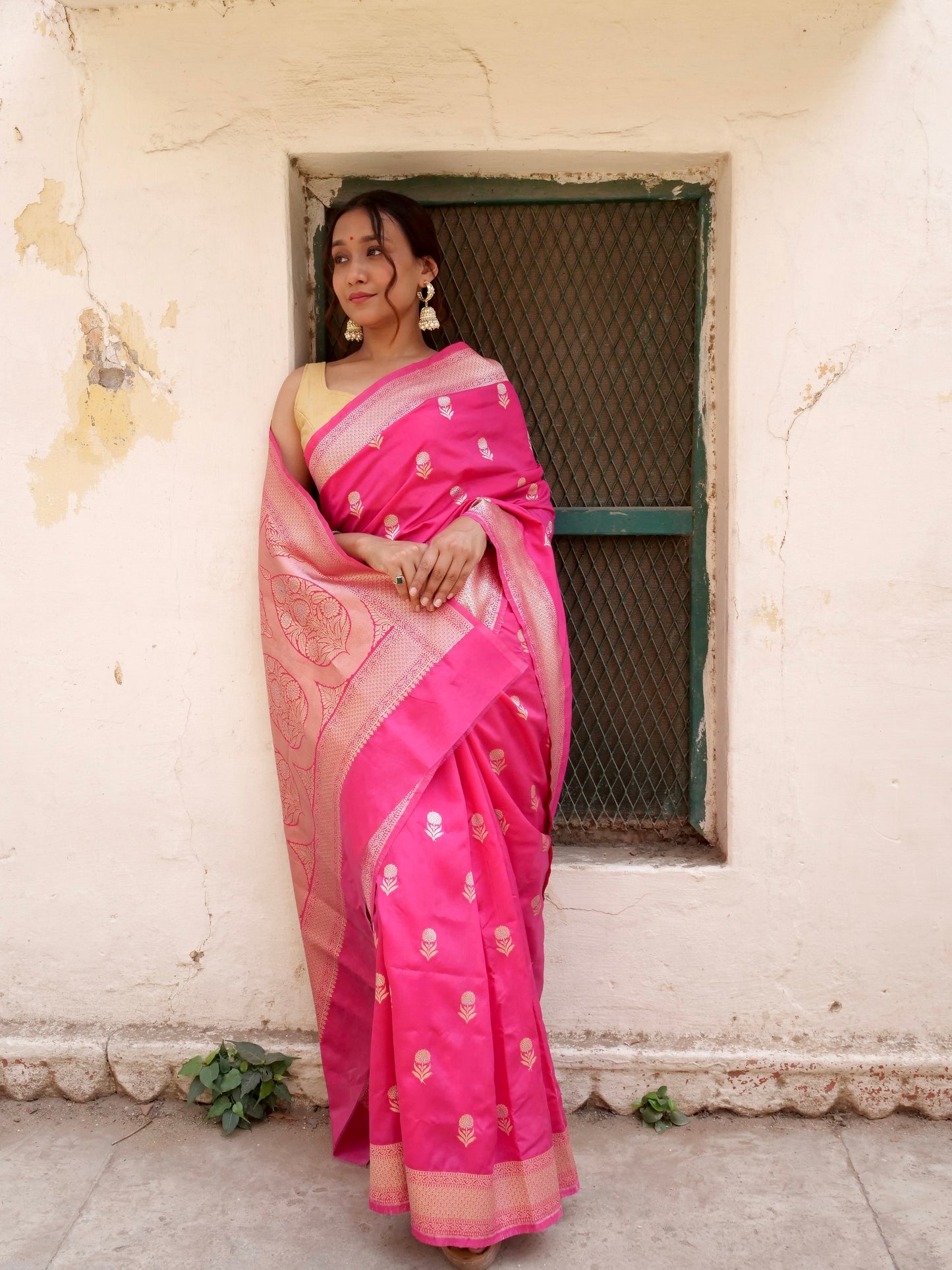 Pink Banarasi Silk Saree with Golden Boota