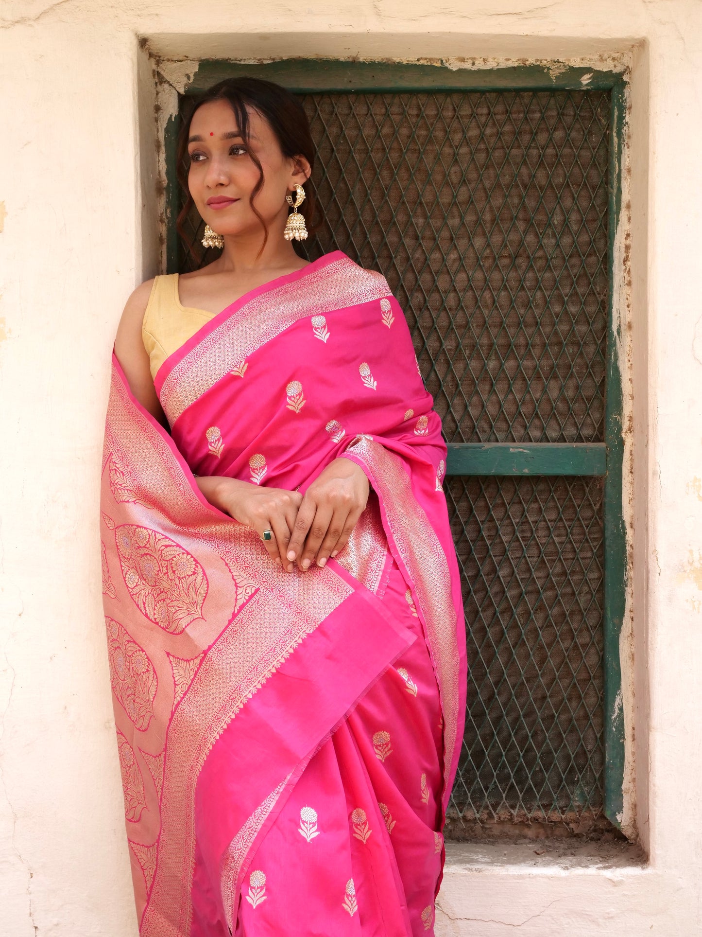 Pink Banarasi Silk Saree with Golden Boota