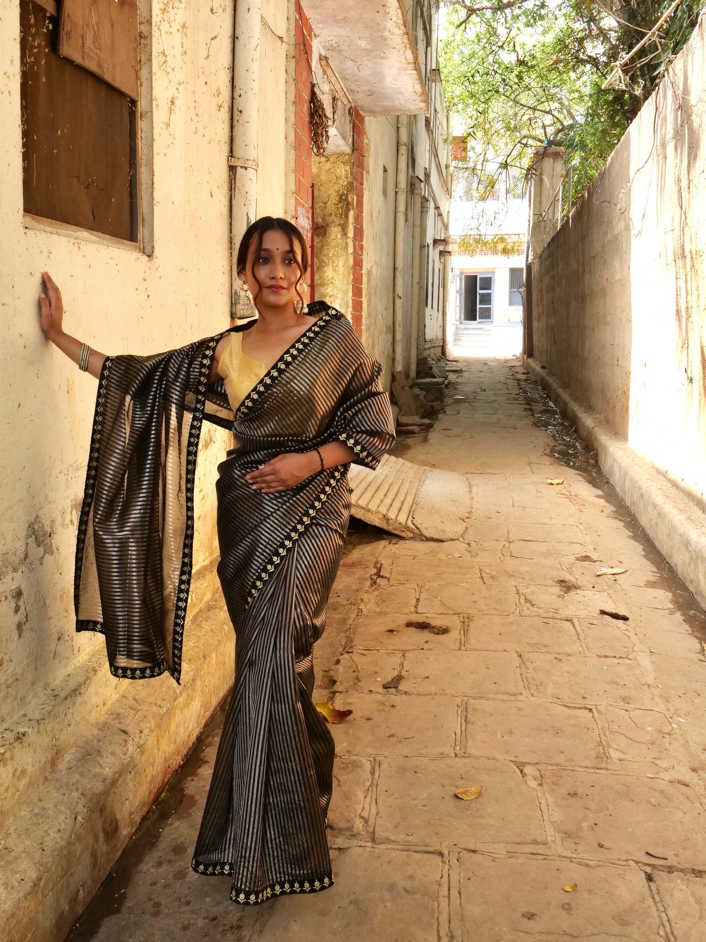 Golden Black Tissue Organza Banarasi silk saree