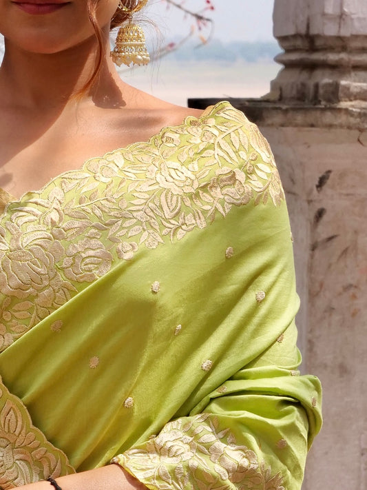 Sage Green Pure Chinya Banarasi Silk Saree