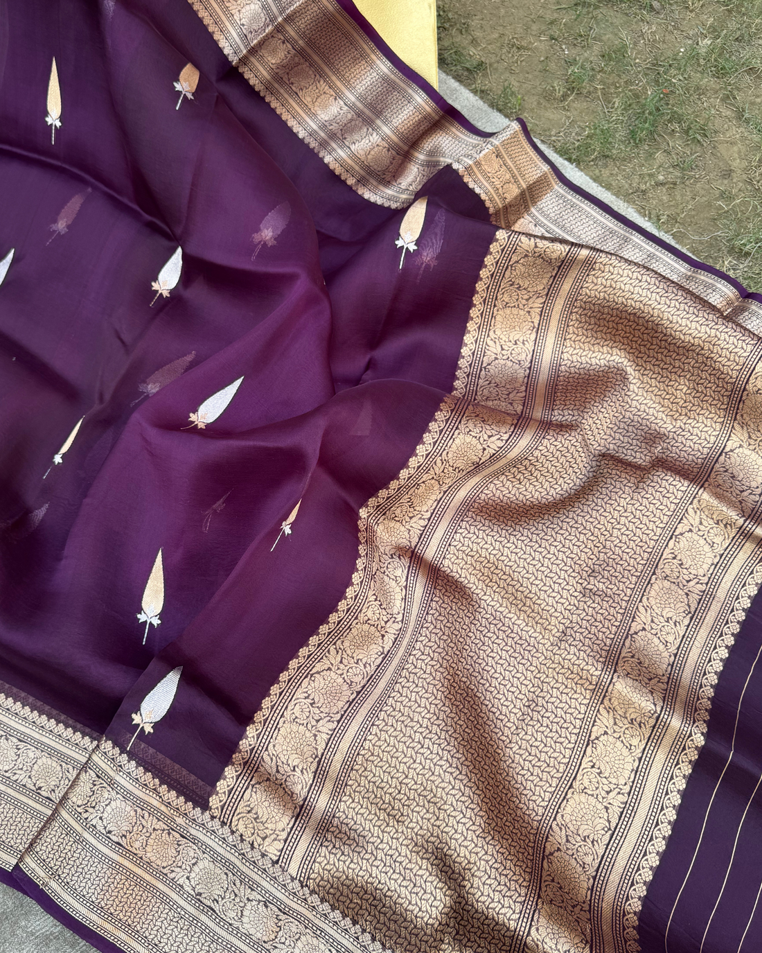 Fine Kadwa weave craftsmanship on purple pure silk saree created over 35 days