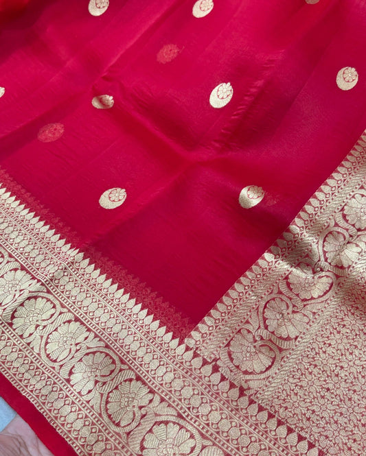 Red Chand Tara Pure Banarasi Kora Silk Saree