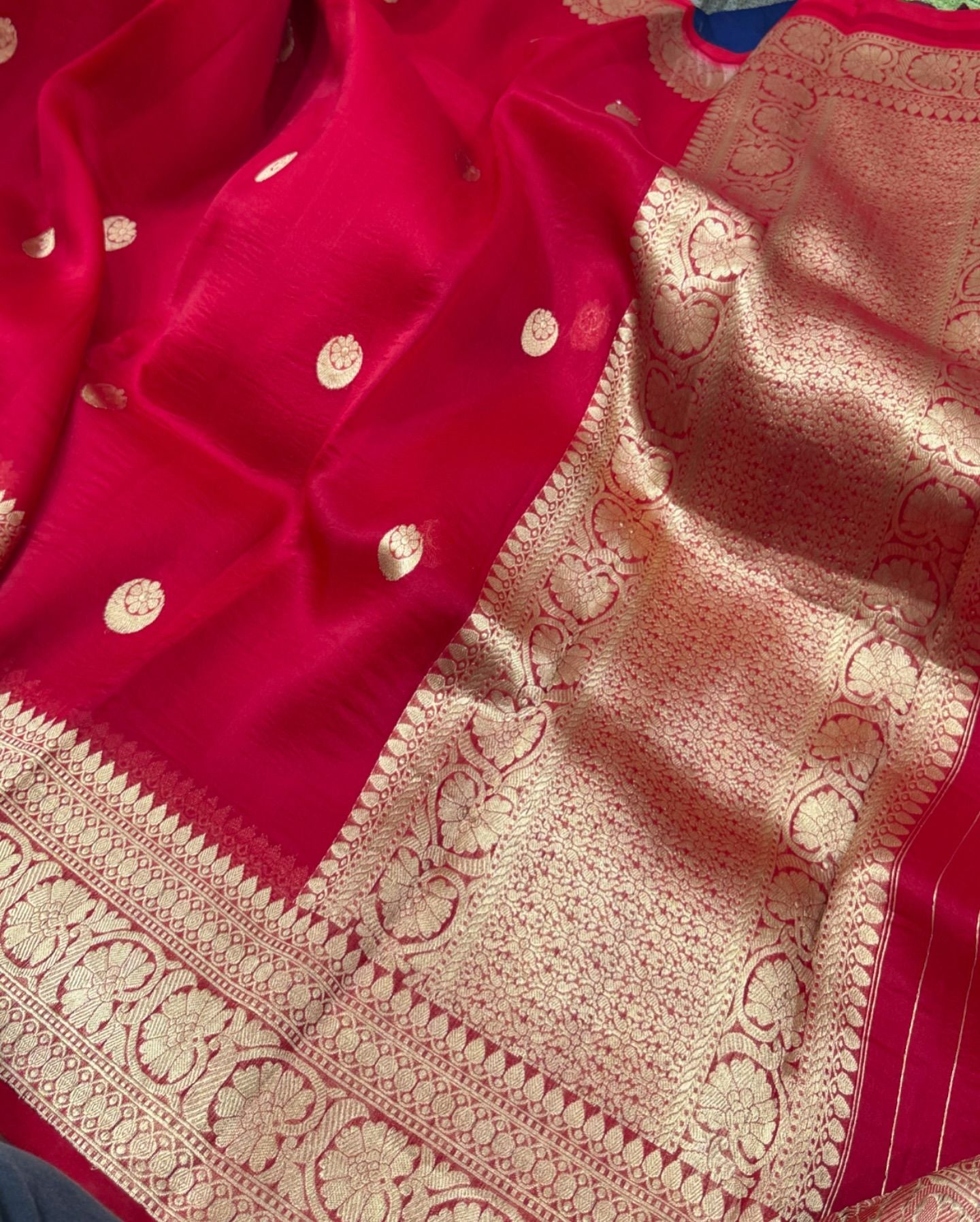 Red Chand Tara Pure Banarasi Kora Silk Saree