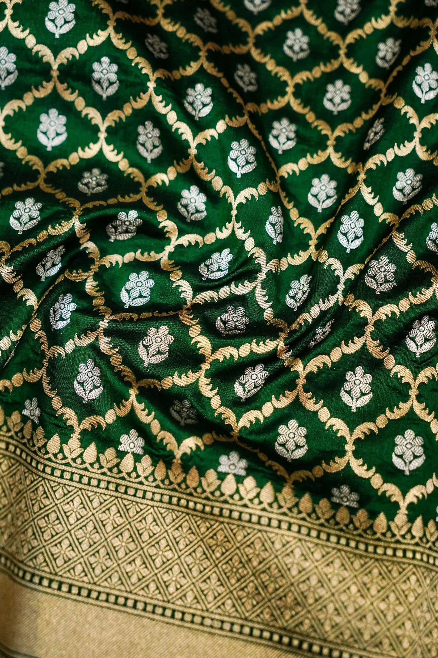 Dark Green Pure Banarasi Katan Silk Saree