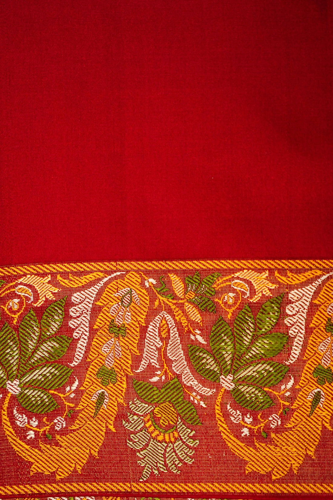 Draped look of royal red Mashru silk saree handcrafted in Varanasi