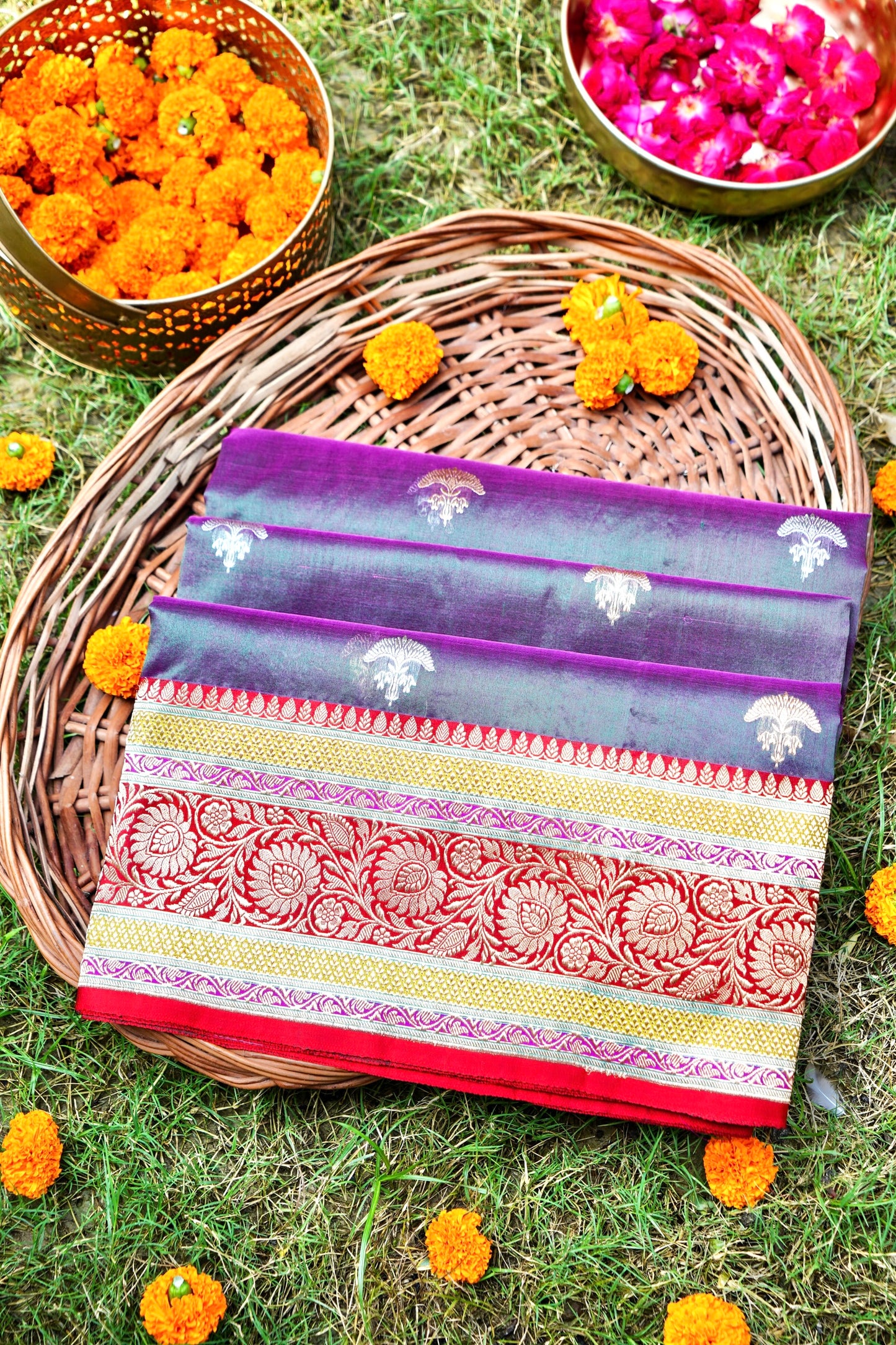 Pink-Purple Banarasi Handloom Double Kora Katan Handloom Saree