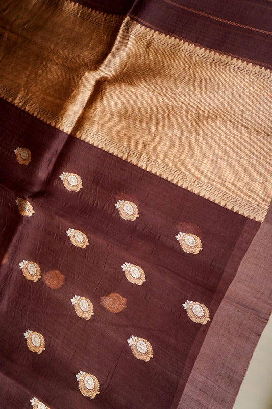 Brown Pure Kora Silk Saree