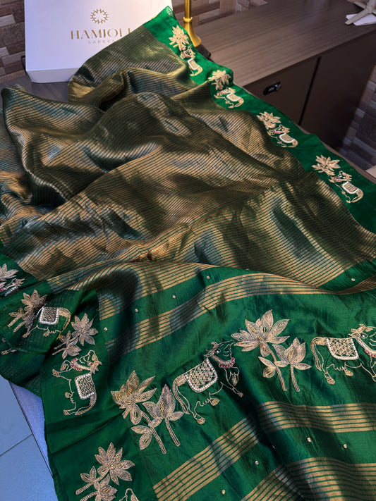 Emerald Gauri – Pure Silk Handcrafted Zardozi Saree