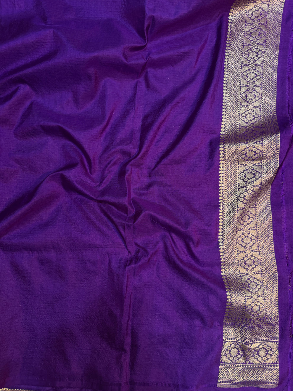 Purple pure Katan silk Banarasi saree drape showing border and blouse fabric