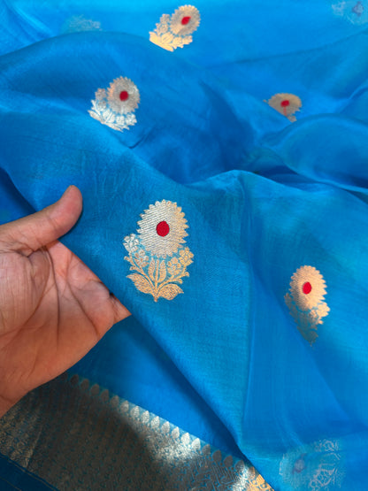 The Electric Cyan Kora & Chinya Silk Unstitched Suit Set