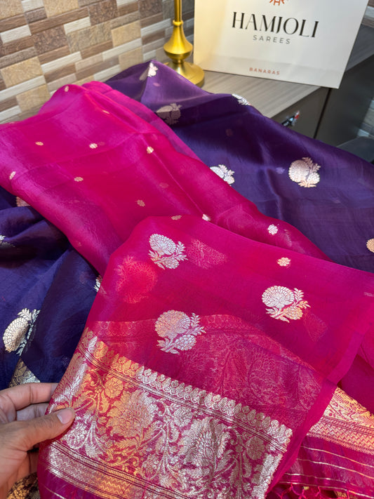 Rani Jamun handwoven Banarasi Kora silk suit set with contrast rani pink dupatta
