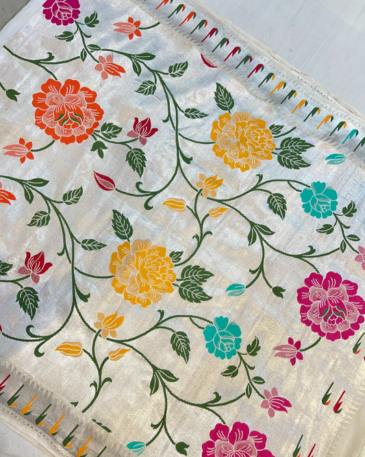 Off-White Tissue Tusser Georgette Banarasi Saree