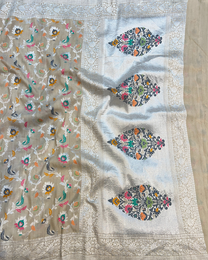 Ash white pure tissue Tussar Georgette Banarasi saree with Tilfi jaal drape