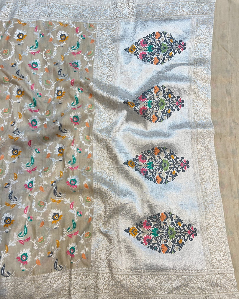 Ash white pure tissue Tussar Georgette Banarasi saree with Tilfi jaal drape
